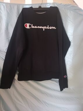 Champion Black Crewneck with White Script and Red Logo Accent